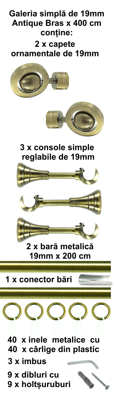 Galerie metalica Seti simpla 19 mm, antique brass (auriu antic) - imagine 9