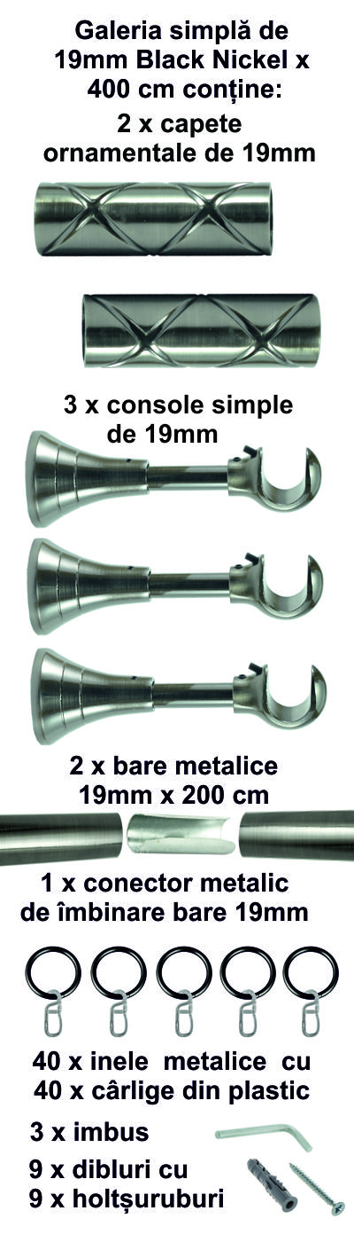 Galerie metalica Cristal simpla 19 mm, Black Nickel - imagine 8