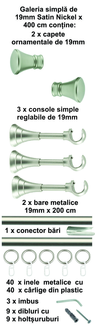 Galerie metalica Conic simpla 19 mm, satin nichel (argintiu mat) - imagine 9