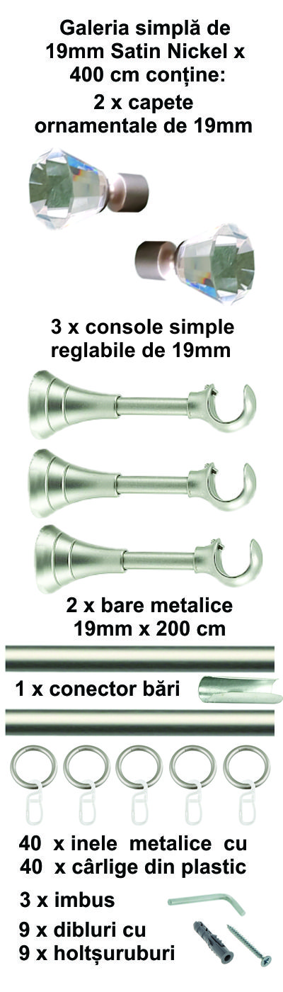 Galerie metalica Cristal simpla 19 mm, satin nichel (argintiu mat) - imagine 9