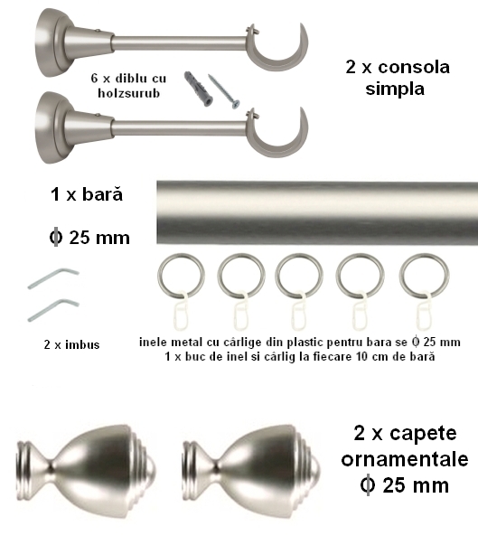 Galerie metalica AVANTI simpla 25 mm, satin nichel(argintiu mat) - imagine 2