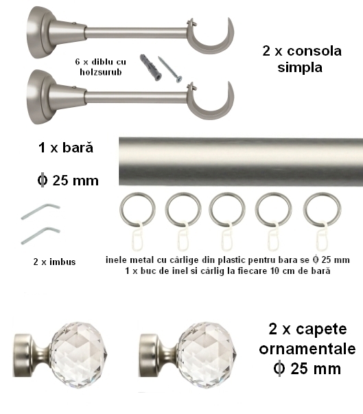 Galerie metalica CRISTAL simpla 25 mm, satin nichel(argintiu mat) - imagine 2
