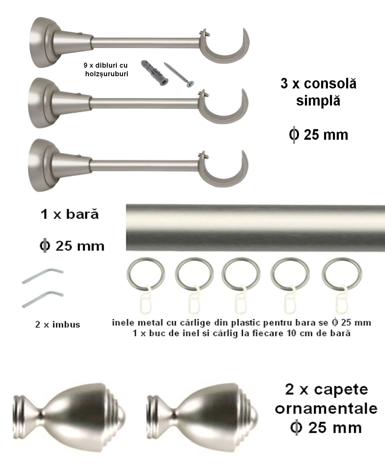 Galerie metalica AVANTI simpla 25 mm, satin nichel(argintiu mat) - imagine 5