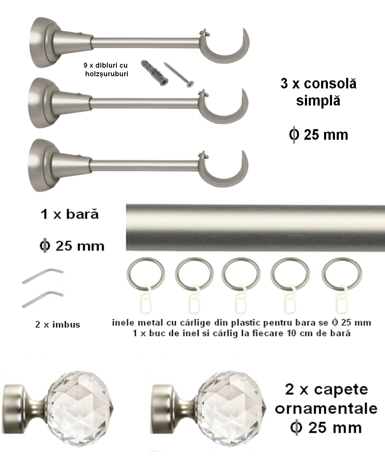 Galerie metalica CRISTAL simpla 25 mm, satin nichel(argintiu mat) - imagine 5